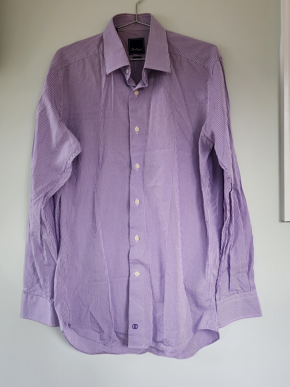 David Donahue Dress Shirt Men 16 34/35 Purple White Gingham Trim Fit 100% Cotton